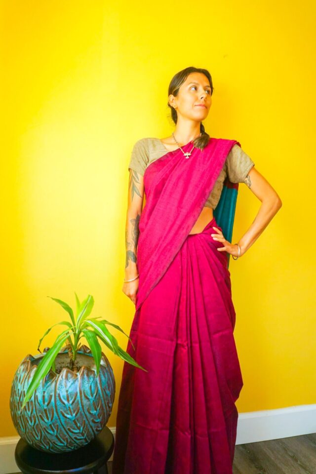 Bubblegum Khadi Colorblock Sari