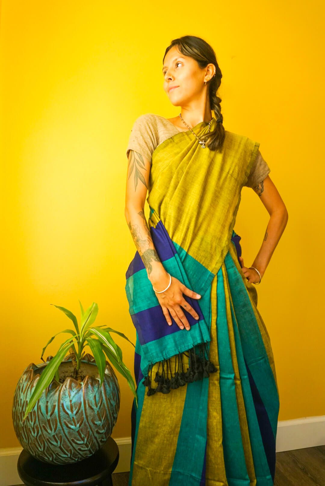 Meadow Khadi Colorblock Sari