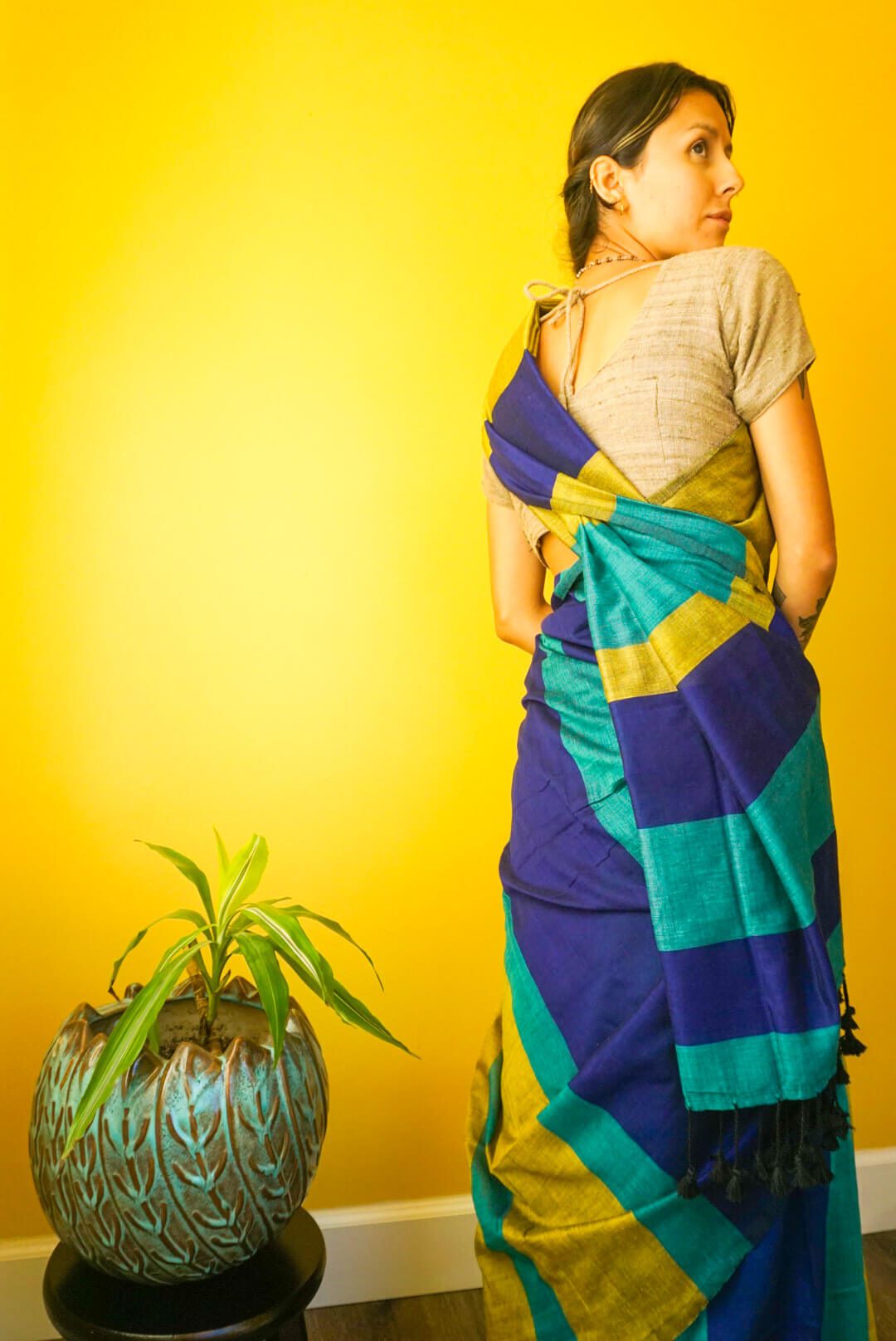 Meadow Khadi Colorblock Sari