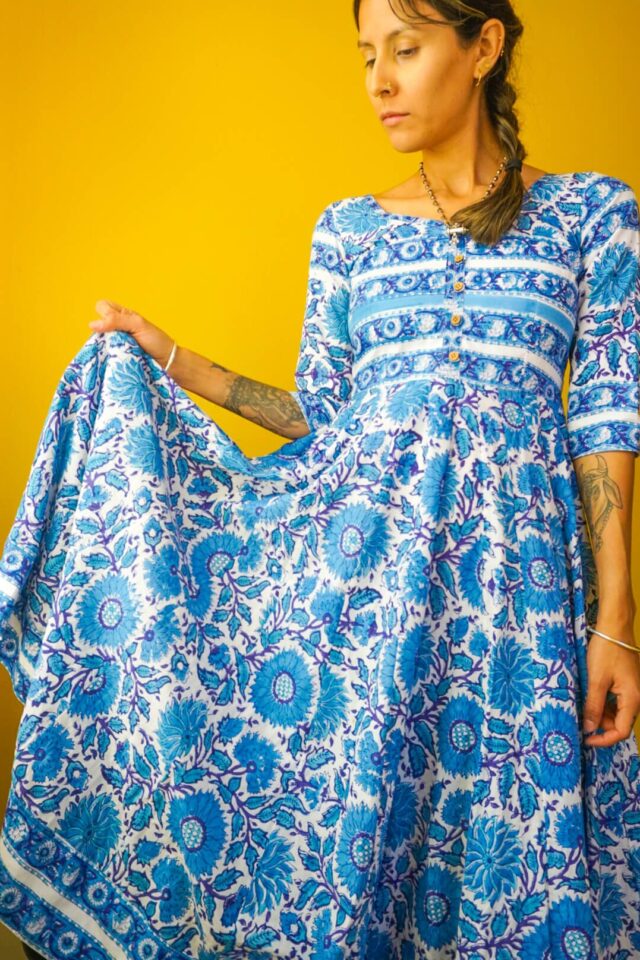 Cyan Sunflower Blockprint Milkmaid Dress
