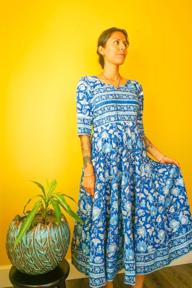 Cyan Sunflower Blockprint Milkmaid Dress