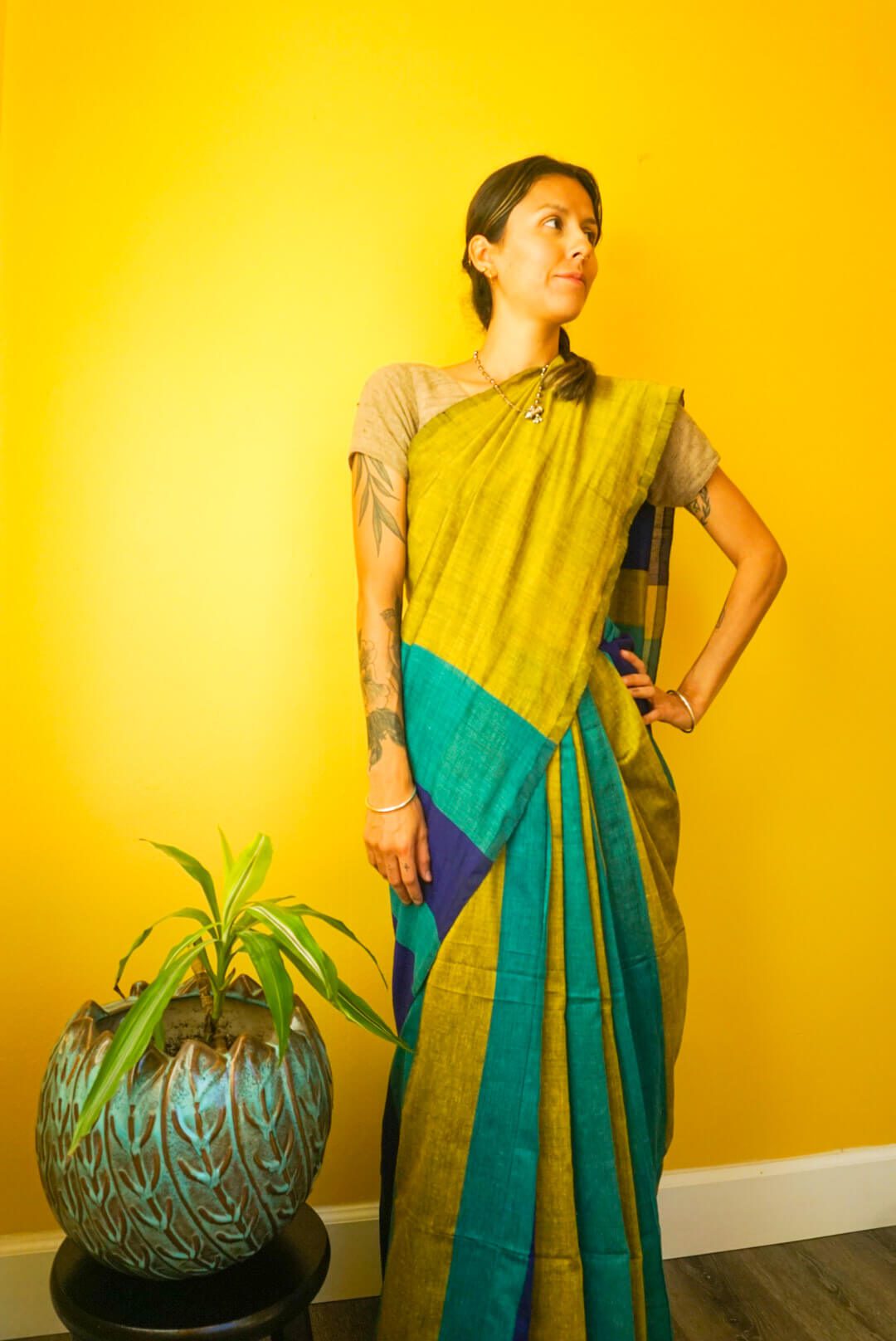 Meadow Khadi Colorblock Sari