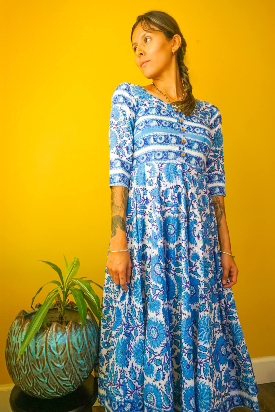 Cyan Sunflower Blockprint Milkmaid Dress