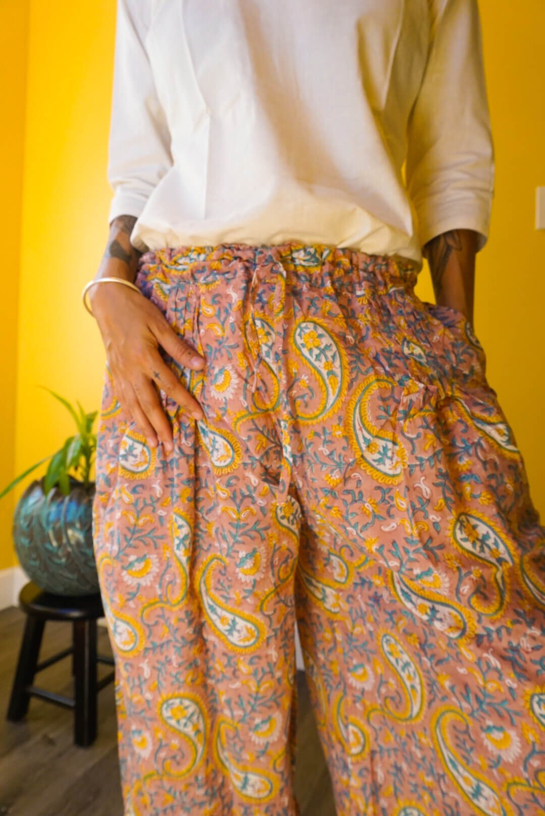 Peach Paisley Blockprint Harem Pants