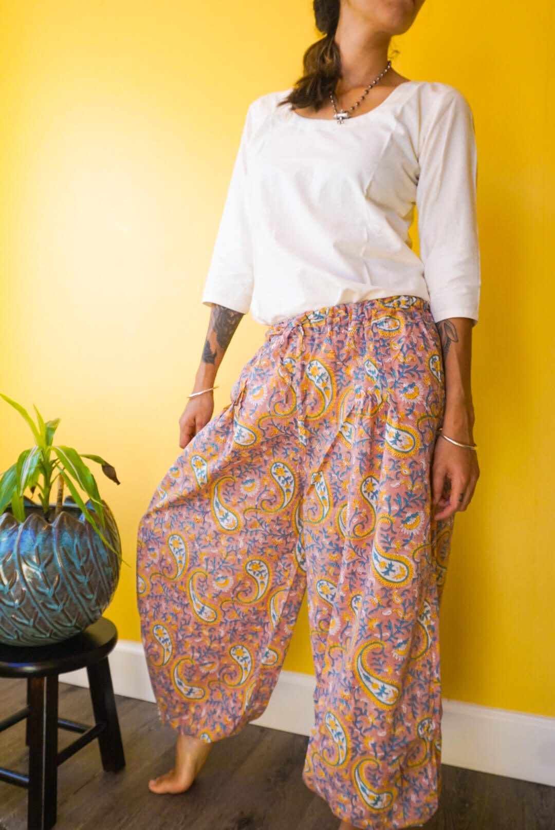 Peach Paisley Blockprint Harem Pants